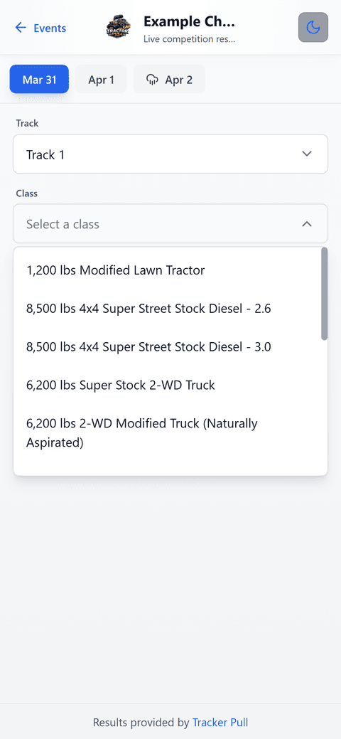 Selecting a competition class to view results