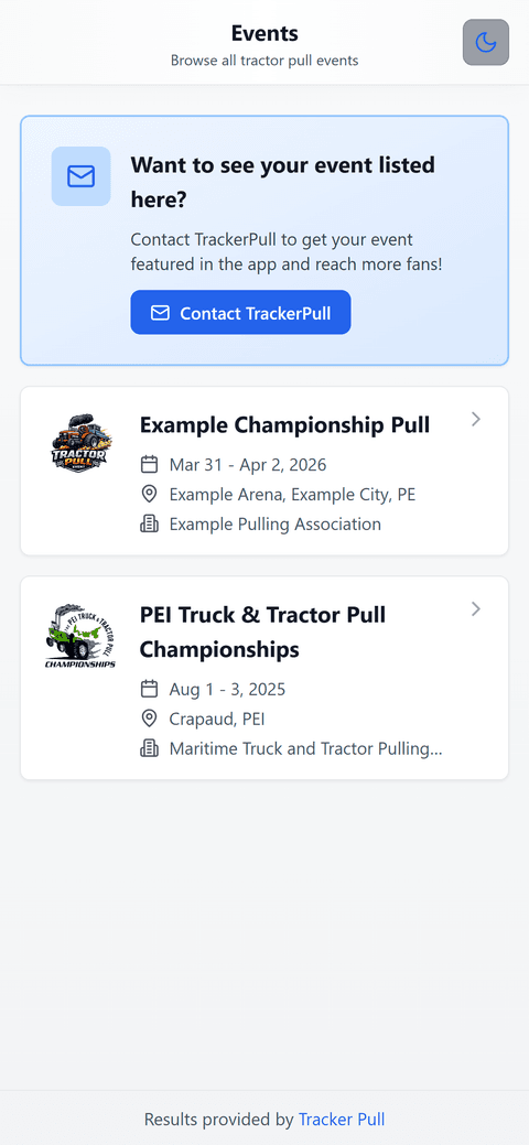 Browsing upcoming and past tractor pull events