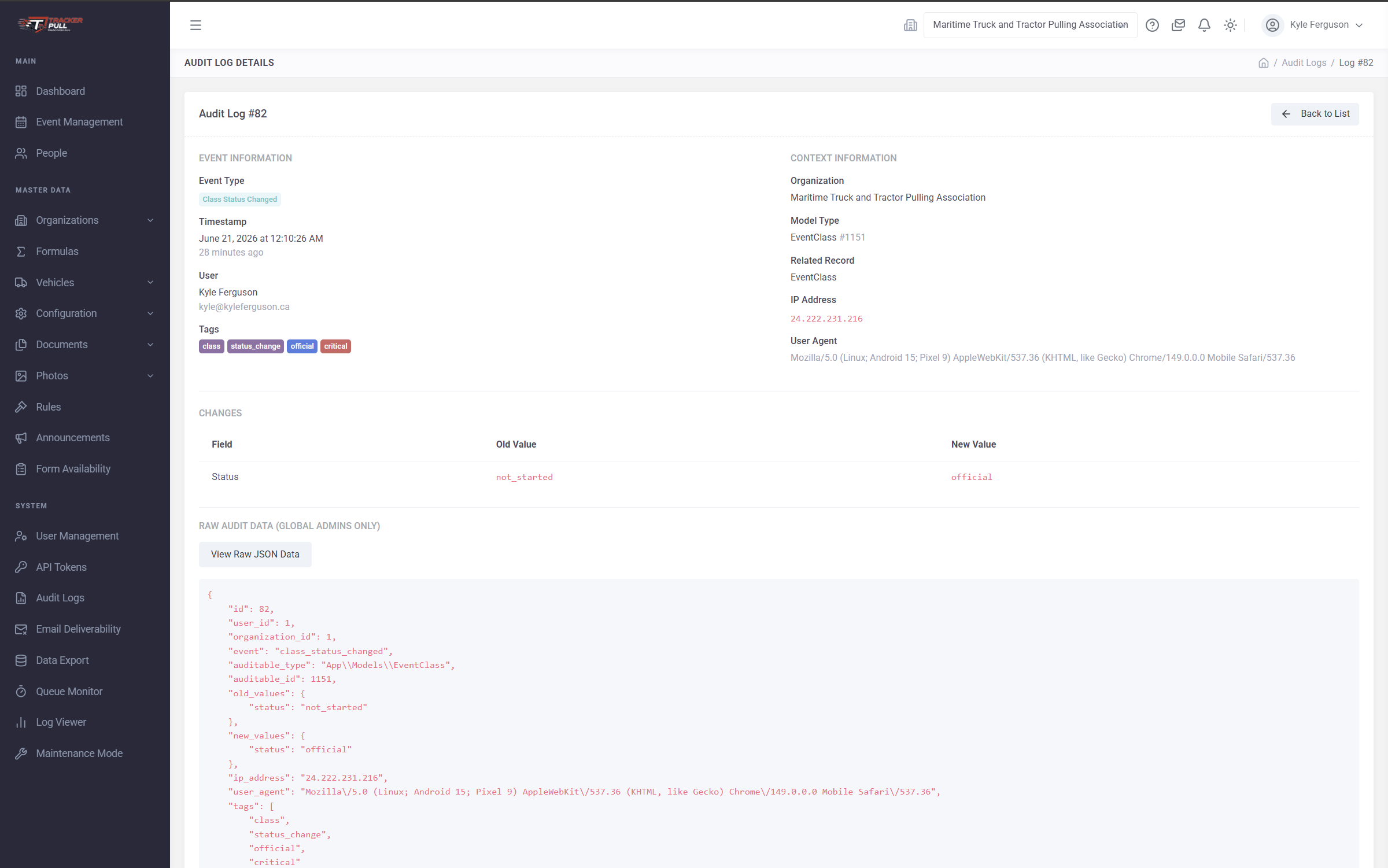 Audit Log Details view for an event status change from not_started to official, showing event type, timestamp, user, tags, organization, model type, IP address, user agent, the field-level diff, and raw JSON audit payload