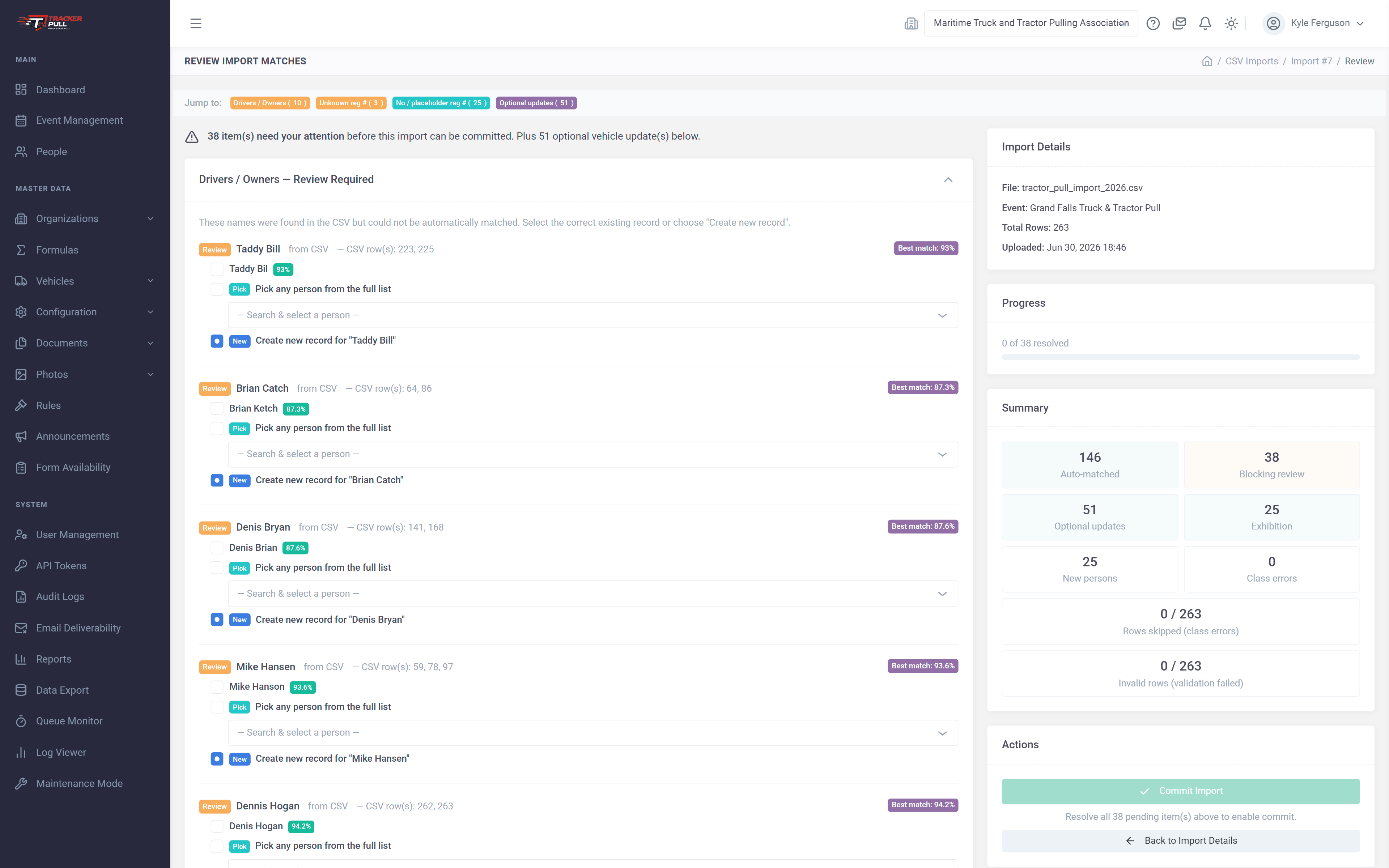 CSV import review page for a 263-row import — driver/owner rows needing review are shown with confidence-scored auto-match suggestions and create-new-record alternatives, plus a summary panel reporting 146 auto-matched, 38 blocking review, 51 optional updates, 25 exhibition, 25 new persons, and 0 class errors
