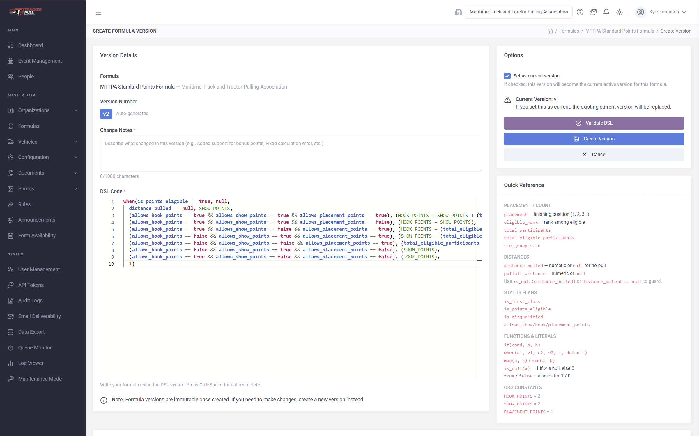 Formula Builder — creating a new version of the MTTPA Standard Points Formula with the DSL editor, change notes field, and a quick reference panel listing variables and functions