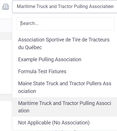 Organization switcher dropdown showing a search field and a list of pulling associations the user is a member of
